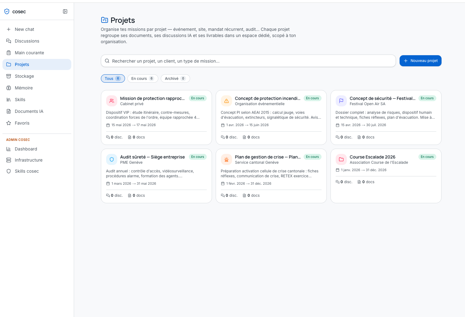 Projets CoSec : 6 missions actives sur 6 segments métier différents avec couleurs et icônes distinctes
